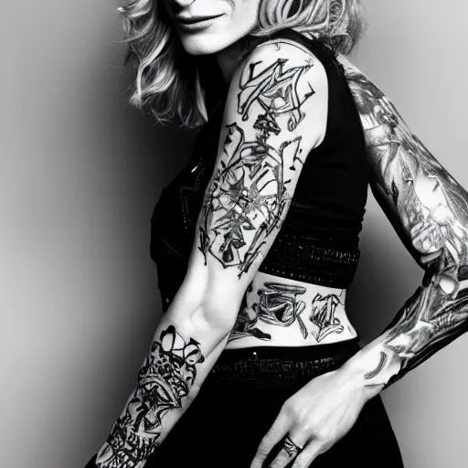 Image similar to high resolution image of cate blanchett with full body gang tattoos , highly detailed, photorealistic, 4k