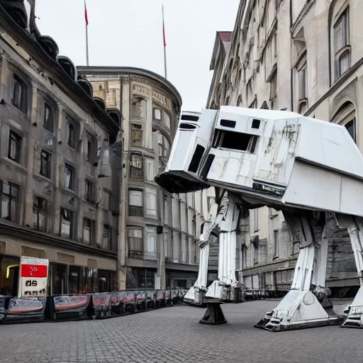 Prompt: an at-at from star wars walking through the streets of berlin, sci-fi movie scene, ultra detailed, 4k