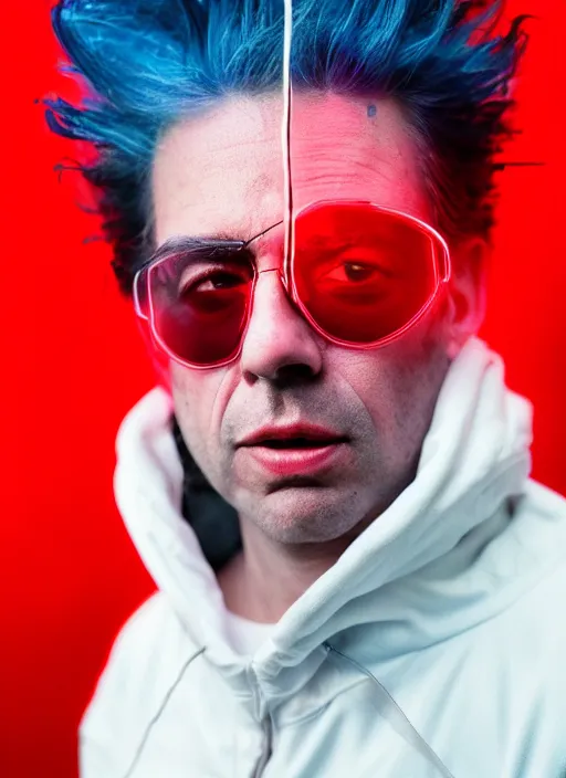 Image similar to A hyper realistic and detailed head portrait photography of Rick Sanchez wearing a futuristic white raincoat with hoodie on a rainy day. by annie leibovitz. Neo noir style. Cinematic. Swirly bokeh. Red neon lights and glow in the background. Cinestill 800T film. Lens flare.