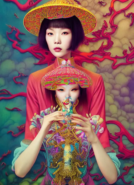 Image similar to pretty chinese model with magic mushroom : : by martine johanna and simon stalenhag and chie yoshii and casey weldon and wlop : : ornate, dynamic, particulate, rich colors, intricate, elegant, highly detailed, vogue, harper's bazaar art, fashion magazine, smooth, sharp focus, 8 k, octane render,