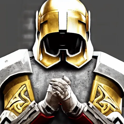 Prompt: man in white and decorated with gold doom slayer armor with kingdom of jerusalem insignia