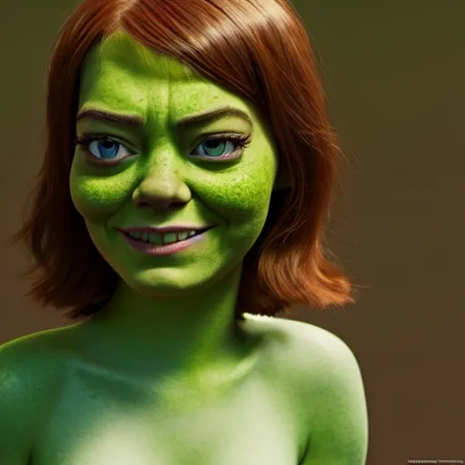 Image similar to Emma Stone as a female version of Shrek, she has shrek nose, long pointy ears features, with green skin, fully detailed, high quality , 4k , octane render , soft lightening , masterpiece