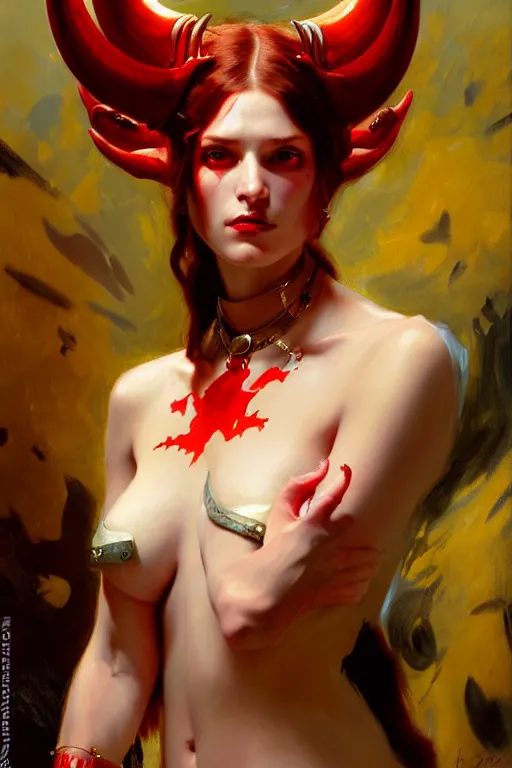 Prompt: painted close - up portrait of a very attractive red - skinned intimidating demon cyborg girl with ram horns! oil painting, wearing a noblewoman's outfit, fantasy art by john singer sargent and gaston bussiere and james jean and greg rutkowski, demon noble character design, hd