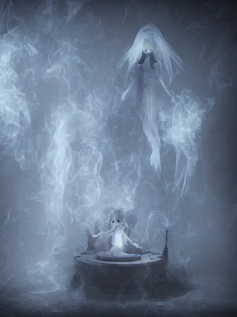 Prompt: cute fumo plush gothic angel maiden girl ghost wraith making an apparition in an abandoned throne room, wisps of smoke and glowing volumetric fog, vignette, orthographic, vray