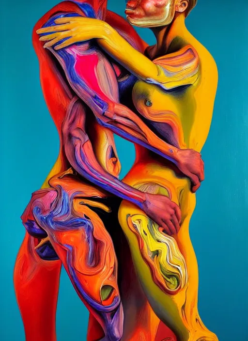 Prompt: a strange, biomorphic painting of two humanoid figures entwined, in vibrant colours, in the style of jenny saville, in the style of charlie immer, highly detailed, dramatic, emotionally evoking, head in focus, volumetric lighting, oil painting, timeless disturbing masterpiece