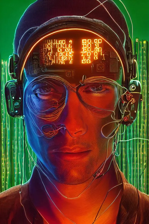 Image similar to stunning highly detailed portrait of a neuromancer hacker with cyber headgear surrounded by wires, neon colors, oil on canvas, strong lighting, by Glenn Fabry, HD, 4K