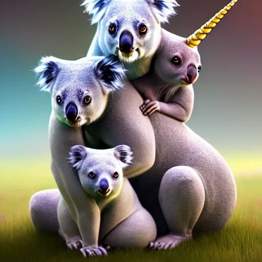 Image similar to A family portrait of unicorns and koalas, hyperdetailed, artstation, cgsociety, 8k