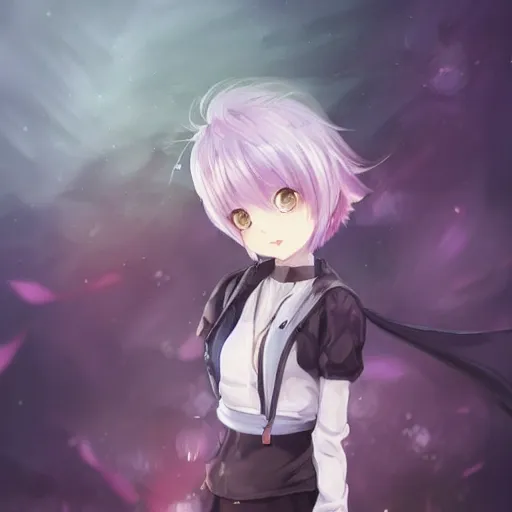 Image similar to advanced full body digital anime art::cute short anime girl dog hybrid, short white hair, purple watery eyes, full round face :: cinematic lighting, very high detail, trending on pixiv :: WLOP, RossDraws, RuanJia, James Jean, Andrei Riabovitchev, Totorrl, Marc Simonetti, Visual Key, and Sakimichan