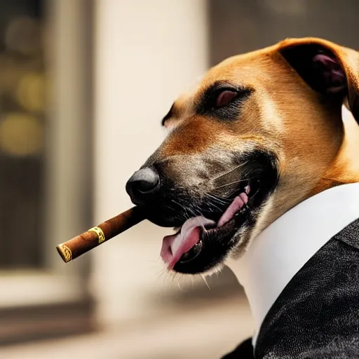 Image similar to a high detail closeup photograph of a dog wearing a suit 👔,and smoking a cigarrette🚬, award wining photograph