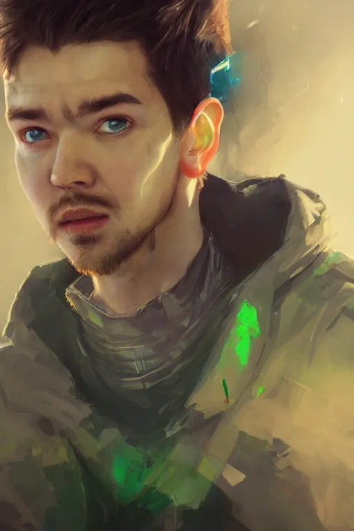 Image similar to a portrait of the YouTuber jacksepticeye by Greg Rutkowski, Sung Choi, Mitchell Mohrhauser, Maciej Kuciara, Johnson Ting, Maxim Verehin, Peter Konig, final fantasy , 8k photorealistic, cinematic lighting, HD, high details, atmospheric , trending on artstation