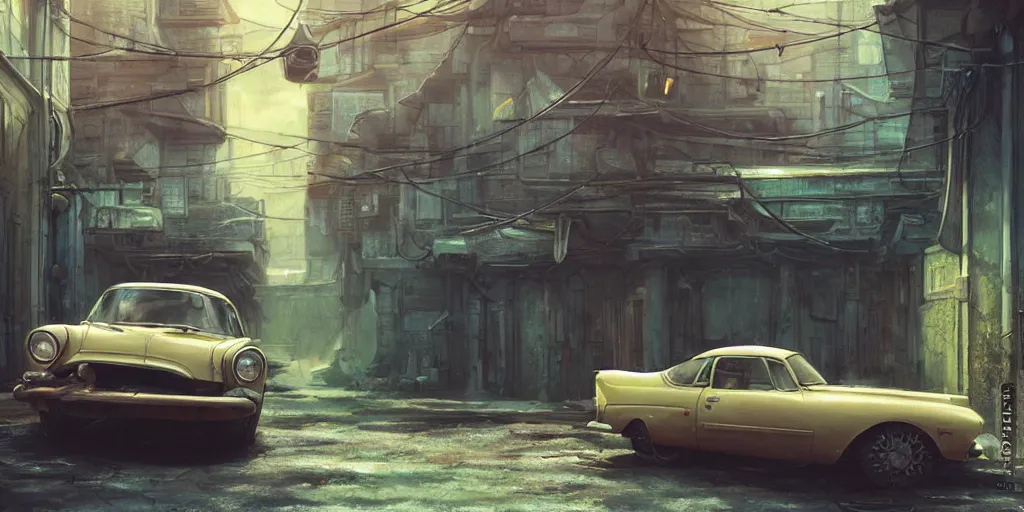 Image similar to a wholesome animation key shot of a focused old car parked in an abandoned alleyway, medium shot, waist up, studio Ghibli, Pixar and Disney animation, sharp, very detailed, high resolution, Rendered in Unreal Engine 5, anime key art by Greg Rutkowski, Bloom, dramatic lighting