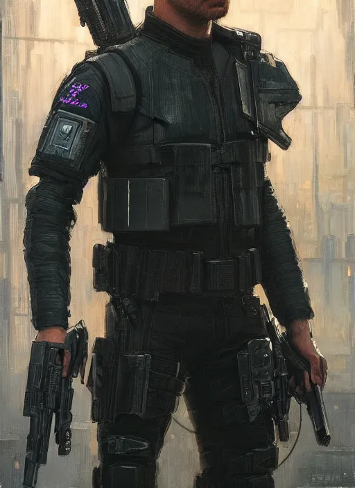 Prompt: 🧗. cyberpunk police trooper in a military vest ( blade runner 2 0 4 9, cyberpunk 2 0 7 7 ). orientalist portrait by john william waterhouse and james gurney and theodore ralli and nasreddine dinet, oil on canvas. cinematic, hyper realism, realistic proportions, dramatic lighting, high detail 4 k