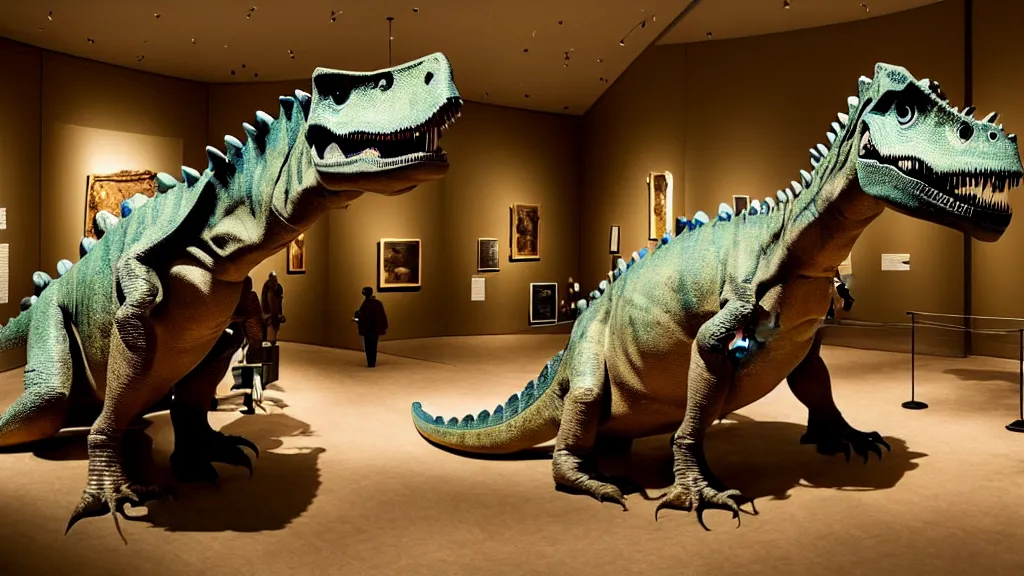 Prompt: a dinosaur relaxing at a museum, film still from the movie directed by Denis Villeneuve with art direction by Salvador Dalí, wide lens