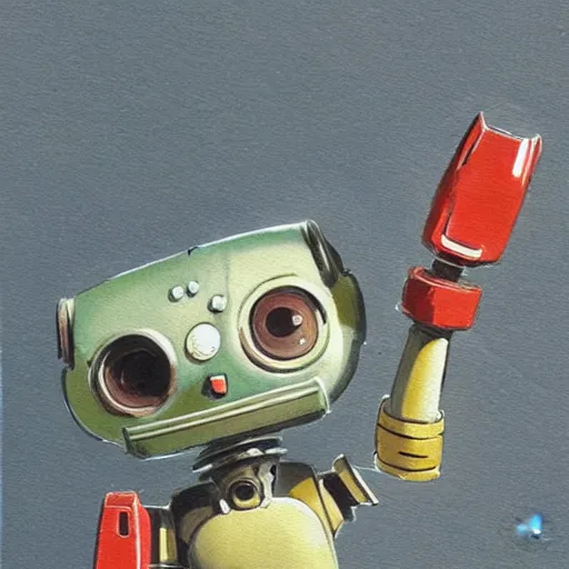 Prompt: painting of a small animal robot, gouache, james gurney, ghibli, miyazaki, manga, illustration, cute, toy, product design