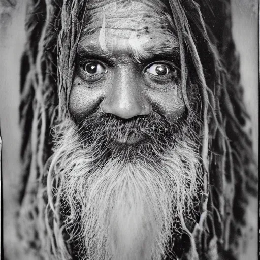 Image similar to realistic exposed polaroid film portrait of aghori sadhu covered in ash, hyperrealism, hypermaxiymalism, photorealistic, detailed, atmospheric, 8 k, award winning photography, cinematic