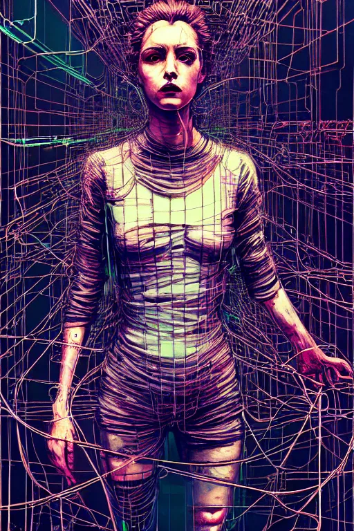 Image similar to dreamy cyberpunk girl, abstract wire clothes, digital nodes, beautiful woman, detailed acrylic, grunge, intricate complexity, by dan mumford and by alberto giacometti, peter lindbergh, zac retz