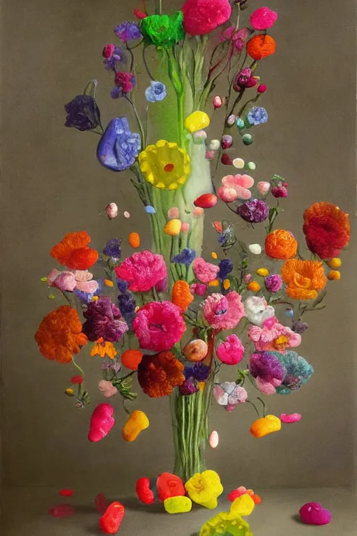 Image similar to painting of gummy flowers in a vase on a table, a surrealist painting by rachel ruysch, trending on deviantart, pop surrealism, surrealist, biomorphic, made of gummy bears flowers and jelly beans flowers, translucent gummy glowing texture