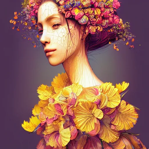 Image similar to the portrait of an absurdly beautiful, graceful, elegant young woman made of bananas and petals, an ultrafine detailed illustration by kim jung gi, irakli nadar, intricate linework, bright colors, final fantasy, angular, unreal engine 5 highly rendered, global illumination, radiant light, detailed and intricate environment