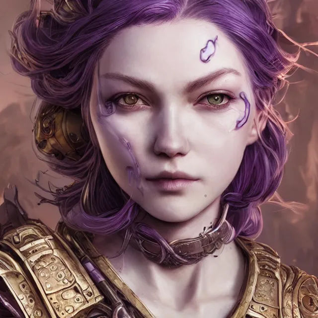 Image similar to close facial portrait of a pale woman in sci - fi armor with a flowing purple, elegant, stoic, intense, ultrafine hyperdetailed illustration by kim jung gi, irakli nadar, intricate linework, sharp focus, octopath traveler, final fantasy, hearthstone, highly rendered, global illumination, radiant light, detailed, intricate environment