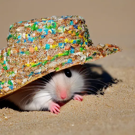 Image similar to a hamster relaxing in the sand on the beach and wearing a sombrero, close up, dslr photo
