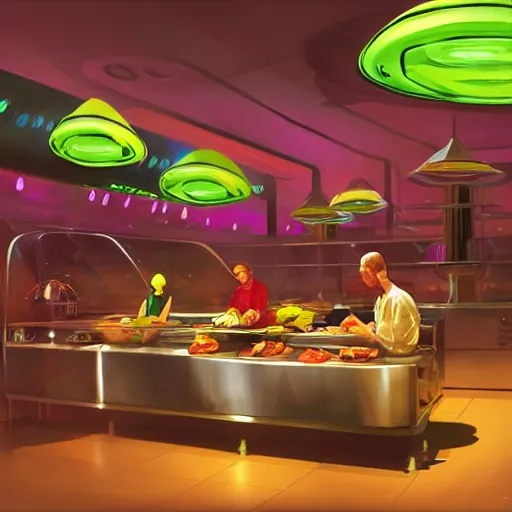 Prompt: alien foods at a cafeteria, digital art, felix Kelly, artstation, concept art, pulp sci-fi art