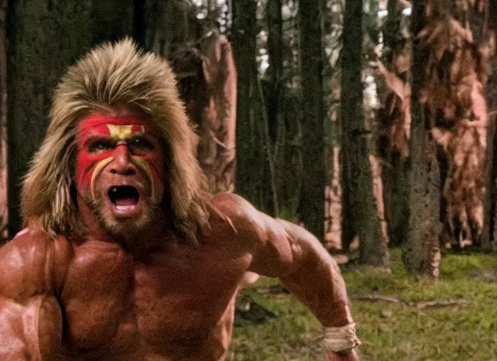 Image similar to film still of the Ultimate Warrior WWF in a log cabin in the new MANDY movie, 4k