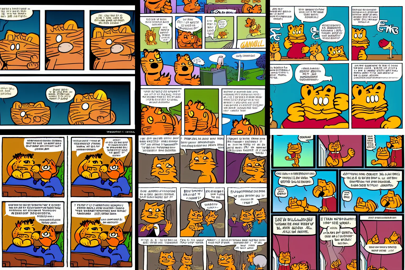 Prompt: Full color sunday Garfield Comic Panel with legible text