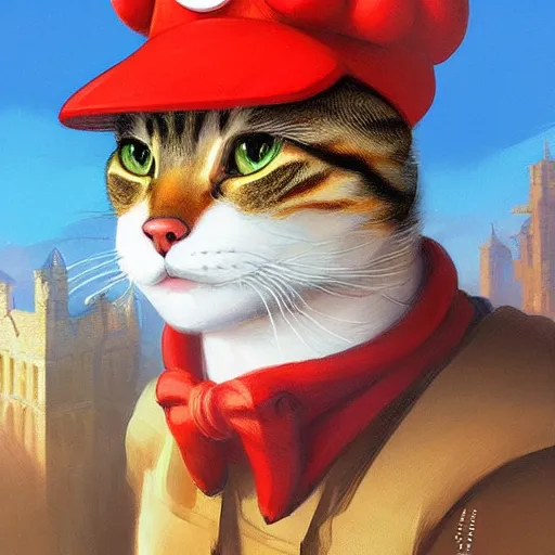 Image similar to Portrait of a Cat dressed as Super Mario, Mario hat, kawaii aesthetic, nintendo, box art, highly detailed, digital painting, artstation, concept art, smooth, sharp focus, illustration, art by artgerm and greg rutkowski and alphonse mucha