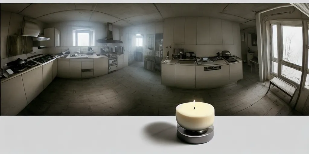 Image similar to minimalistic kitchen dim lit by a candle simon stalenhag, fisheye camera, extreme perspective