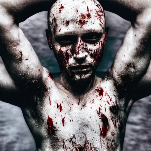 Image similar to ultra detailed photo of a man with many bloody arms covering his entire body