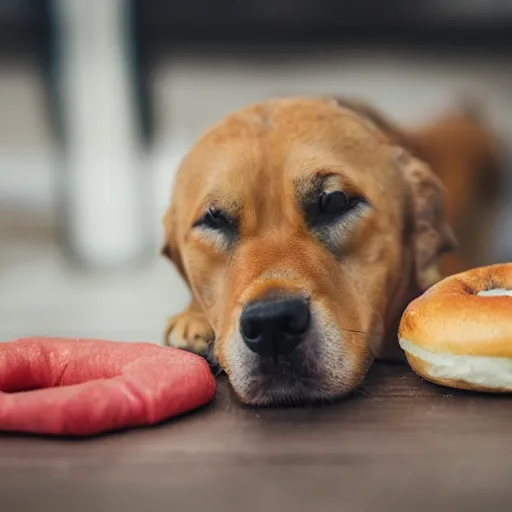 Prompt: photo of cute dog eating bagles from mesh bag, shallow depth of field, cinematic, 8 0 mm, f 1. 8