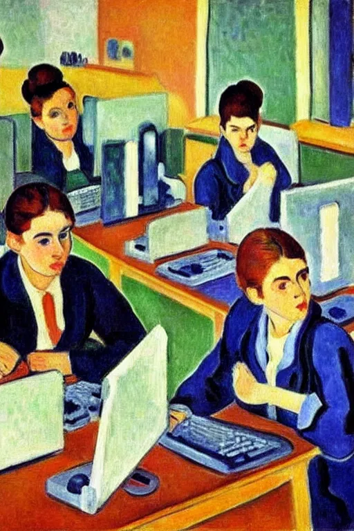 Prompt: oil painting highly detailed computer workers in office painted by henri matisse, impressionism