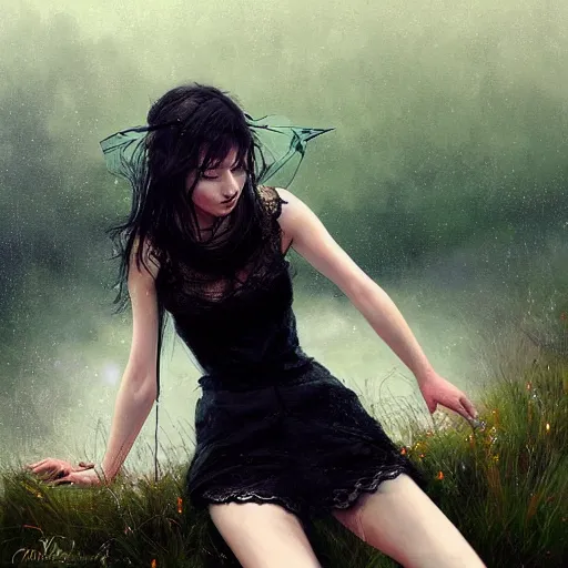 Prompt: a girl wearing a black lace dress and thigh highs sat on a hill during a rainstorm, digital art, beautiful face, expressive oil painting, by yoshitaka amano, by artgerm, by jeremy lipking, volumetrics, mood