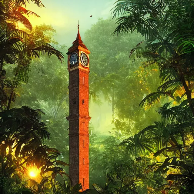 Image similar to a tall clock tower in a jungle!, mist, tropical trees, vines, birds, sunset!, fluffy clouds, warm colors, beautiful lighting, digital art, intricate details, trending on artstation