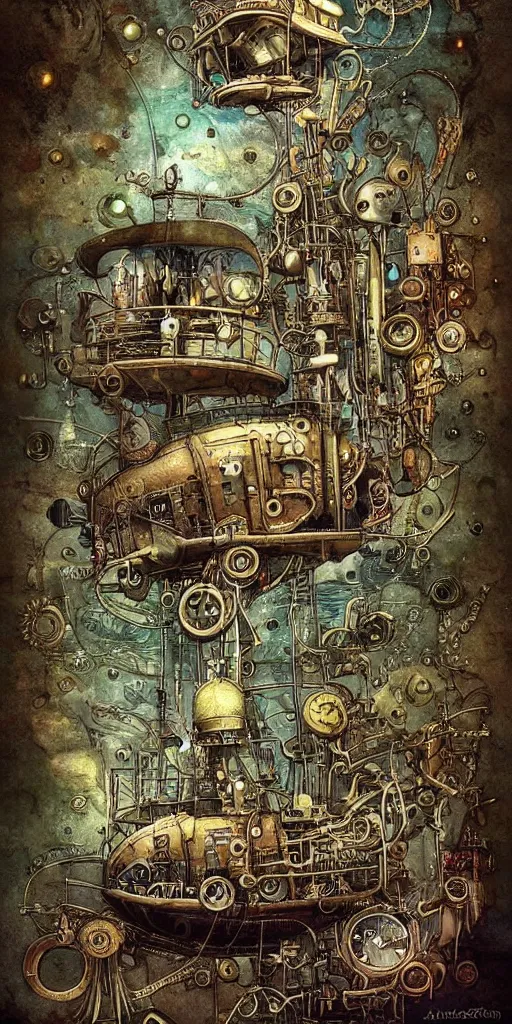 Image similar to a detailed digital painting of an organic steampunk living submarine by alexander jansson and where's waldo and leonardo da vinci