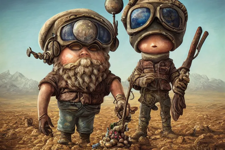 Image similar to a highly detailed forgotten garden gnome wearing goggles and head scarf surviving in a vast barren desert, hopeless wasteland background with a relentless raging sun overhead, post - apocalyptic road warrior vibe, full body, wide angle, an ultrafine detailed painting by joe fenton, trending on deviantart, pop surrealism, whimsical, lowbrow, perfect symmetrical face, sharp focus, octane, masterpiece