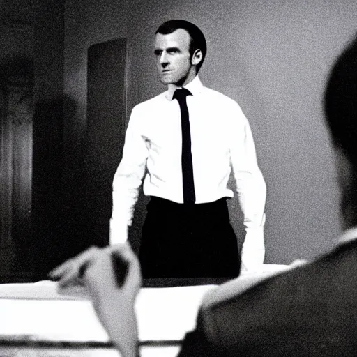 Prompt: Emmanuel Macron as a priest in American Psycho (1999)