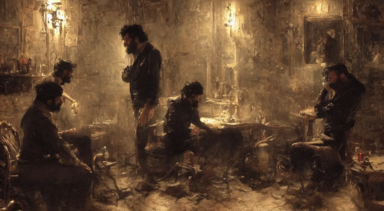 Prompt: a man with black hair and beard, wearing a black jacket, white shirt and jeans, trying to desperately escape a white, dimly lit room, highly detailed painting by gaston bussiere, craig mullins, 8 k