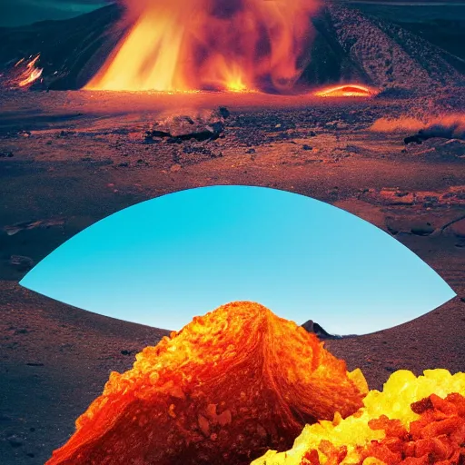 Prompt: surreal giant hard shell crunchy taco salad volcanic landscape, award winning photography, high contrast, colorpop, beeple