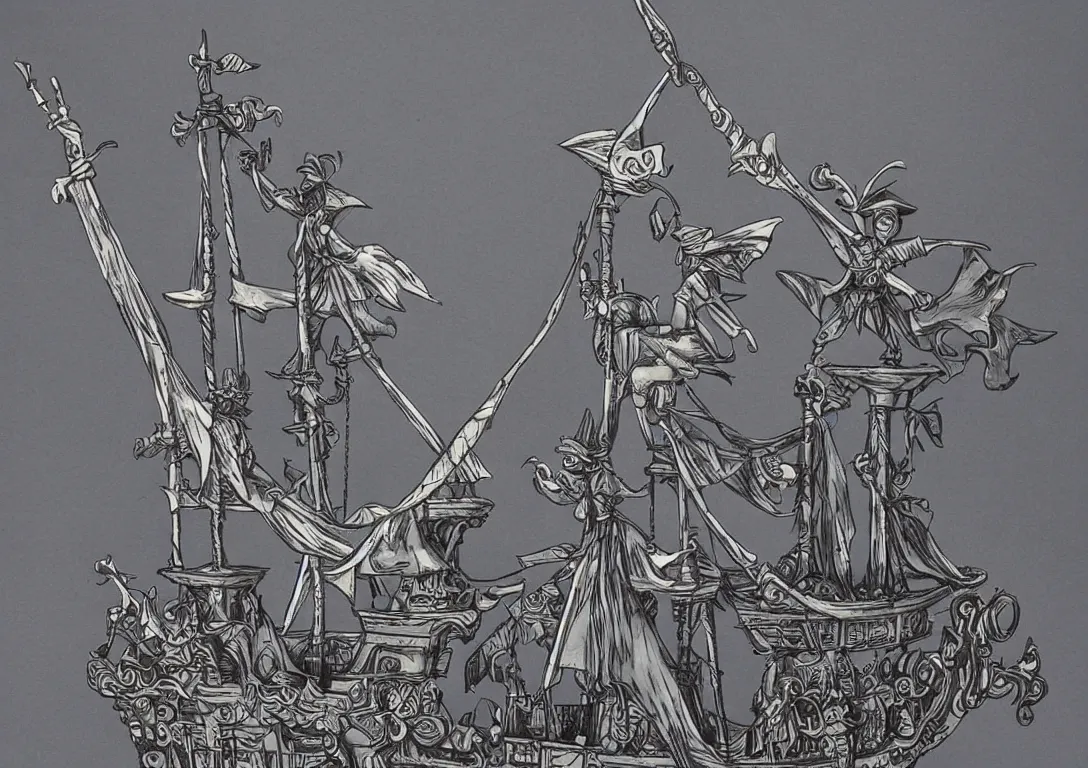 Image similar to a stylized cut paper sculpture of peter pan and captain hook sword fighting on a pirate ship