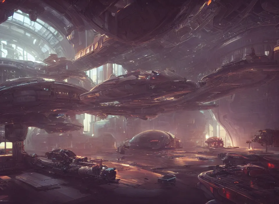 Prompt: the inside of a futuristic dieselpunk space dock, parked spaceships, mechanics walking around, by peter mohrbacher, firefly, unreal engine 5, extreme detail, hyper realism, realistic shading, cinematic composition, realistic render, octane render, detailed textures, photorealistic, colorful, raytracing