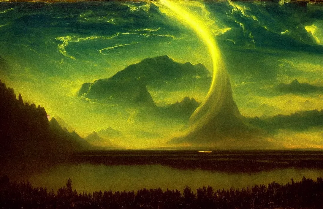 Image similar to the curve of a line can convey energy queen of heaven painting by albert bierstadt intact flawless ambrotype from 4 k criterion collection remastered cinematography gory horror film, ominous lighting, evil theme wow photo realistic postprocessing rising up out of marshes divisionism painting by caspar david frederich