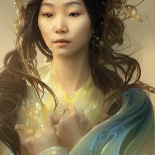 Image similar to Asian female water elemental, lifelike, portrait, highly detailed, digital painting, artstation, concept art, sharp focus, illustration, cinematic lighting, art by artgerm and greg rutkowski and alphonse mucha