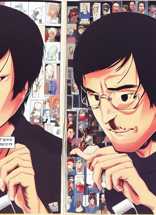 Image similar to steve jobs manga in color, final page, portrait, by katsuhiro otomo and hiroya oku and makoto yukimura