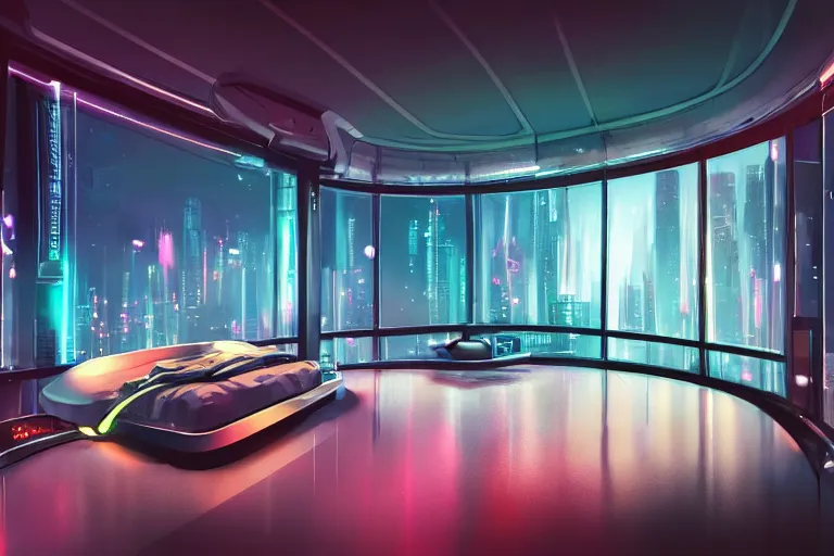 Image similar to a futuristic bedroom with large curved ceiling high windows looking out to a far future cyberpunk cityscape, cyberpunk neon lights, raining, scifi