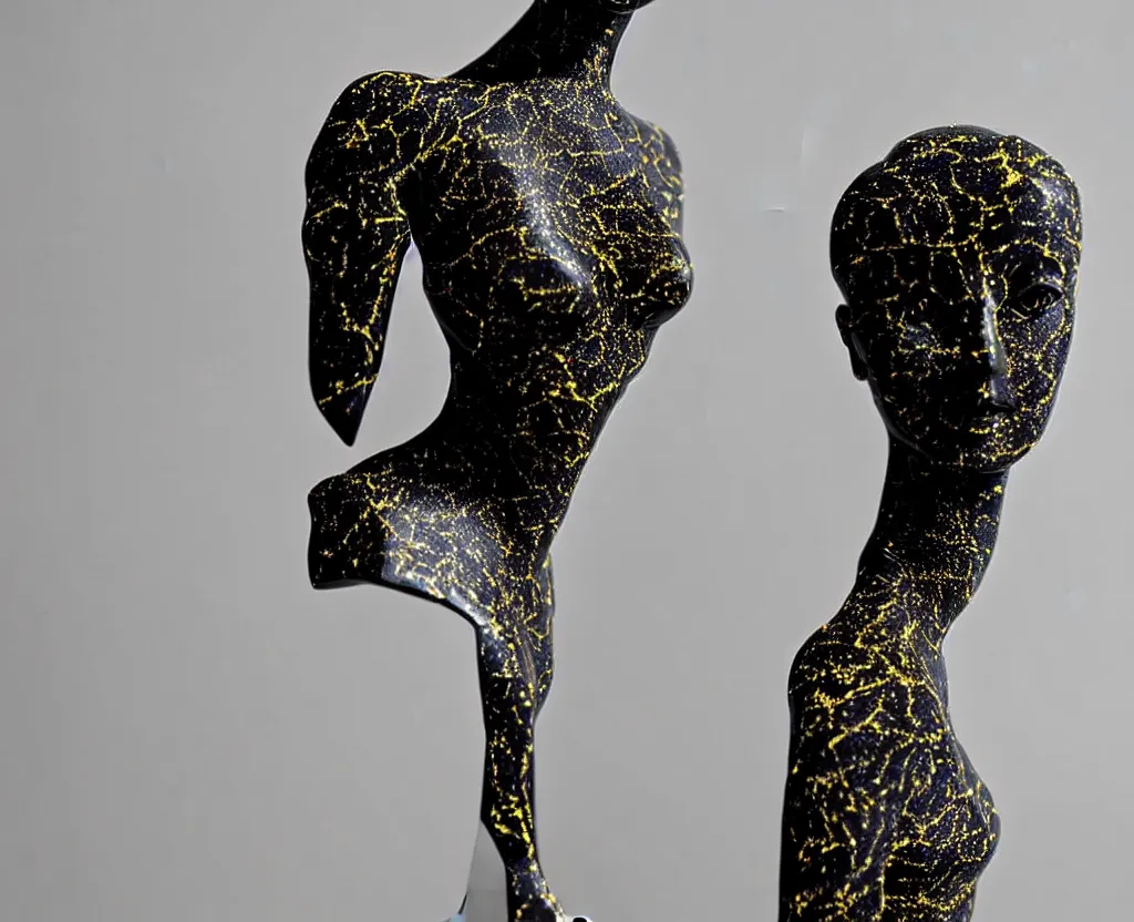 Prompt: beautiful mannequin sculpted out of onyx by billelis + lit with geometric neon printed lavender kintsugi + doorway opening to a new dimension with geometric fractal vaporwave light + flowering bonsai trees!!!!, transcendent, clean linework, dramatic, moody, finely detailed, 4 k, trending on artstation, award winning, photorealistic, volumetric lighting, octane render