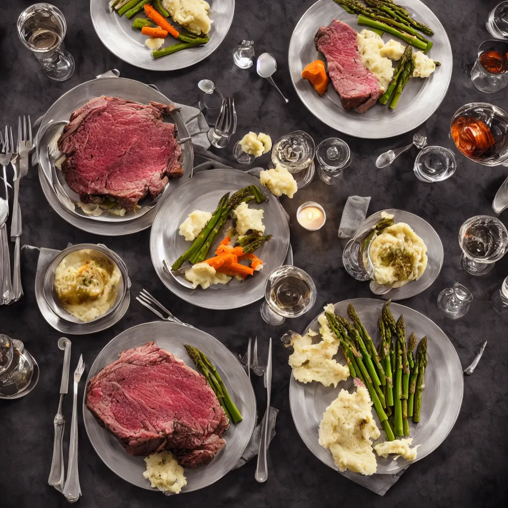 Image similar to product shot of a dinner with prime rib, asparagus, mashed potatoes and gravy, and steamed carrots with blue table cloth and lit candles in ornate silver candlesticks, ultra - realistic, photo realism, professional photograph, extreme detail, deep focus, laser sharp, volumetric lighting, atmospheric, five - star, luxury, elite