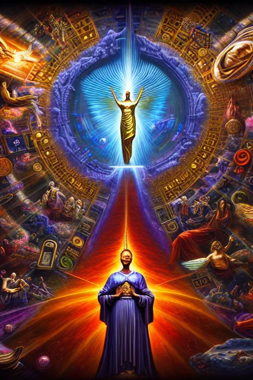 Prompt: a photorealistic detailed image of spiritual evolution, science, divinity, utopian, jeweled, triumphant, cinematic, epic, grandiose, moody, mathematics, futuristic, by jason felix, david a. hardy, kinkade, lisa frank, deviantart, vray, cinema 4 d, wpa, public works mural, socialist