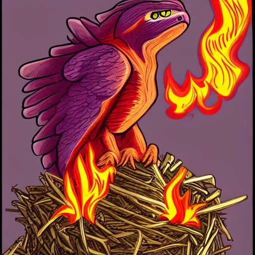 Prompt: raptor, griffin, comic, art, colorful, detailed fire, sitting in a nest