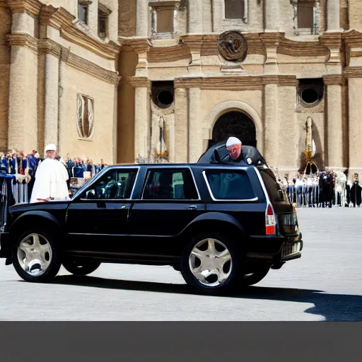 Prompt: the pope driving a black suv in the style of gta loading screens, photography 5 0 mm